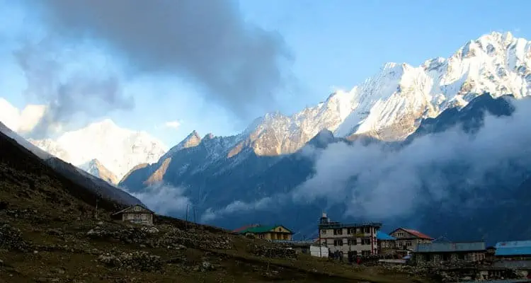 Mountain view and tea houses Langtang Trek